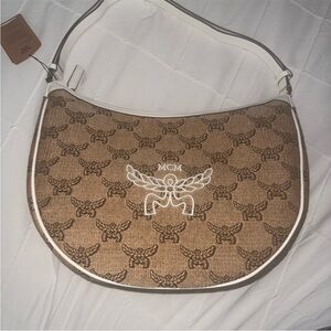MCM Tan and White Logo Shoulder Bag